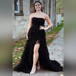 Size 8 black prom gown with sequins and ruffled layers